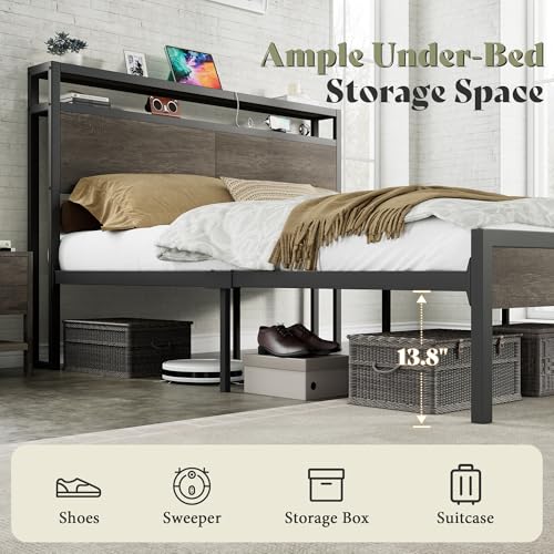 Image of AMERLIFE Full Size Bed Frame with Storage Headboard & Charging Station, Industrial Metal Platform Bed with Large Under-Bed Storage, Heavy Duty Slats, No Box Spring Needed, Rustic Grey