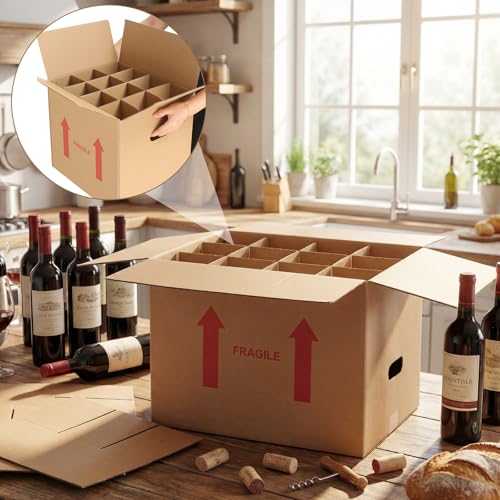 Image of Tatuo 10 Pack Wine Box for Moving, 12 Bottle, with Divider, 16 x 12 x 12 in | Liquor Shipping Packing Box Bulk, Corrugated Cardboard, Reinforced Bottom, Break Resistant, Heavy Duty, Cellar Storage