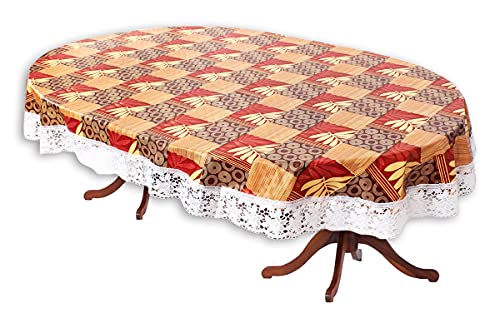 Image of The Furnishing Tree Waterproof PVC Oval Shaped 10 Seater Table Cover WxL 60x120 inches Surface Pattern Yellow with White Border lace