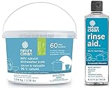 Nature Clean Natural Dishwasher Pods 60 count + Natural Rinse Aid Dishwasher Cleaner Liquid 8 oz Unscented. Made with Plants & Minerals Ingredients, High-Performance Dishwasher Products Spot & Residue