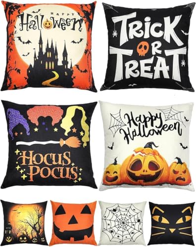 Halloween Deko Kissenbezug 4 Stück, 45x45cm Halloween Deko Garten Kissenbezüge mit 8 niedlichen Mustern, elegantem verdecktem Reißverschluss