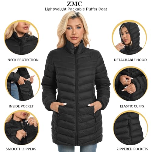ZMC Packable Women Puffer Coat, Lightweight Water-Resistant Puffer Jacket Detachable Hood Slim-Fit Winter Coat4