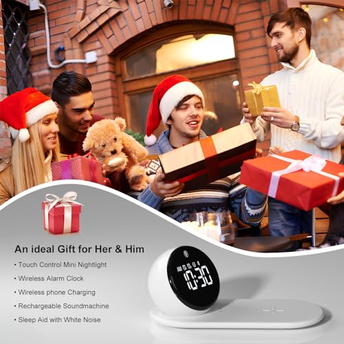 Alarm Clock with Wireless Charging 15W,Dimmable Night Light,Bluetooth Speaker,White Noise, Snooze,Digital Loud Bedside Alarm Clock for Heavy Sleepers Adults,Girls Boys Gifts Ideas