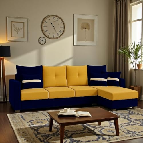 Image of CASASTYLE Vogue 5 Seater Fabric RHS L Shape Sofa Set (Yellow-Dark Blue) Velvet Finish | Comfortable Sectional Sofa for Living Room