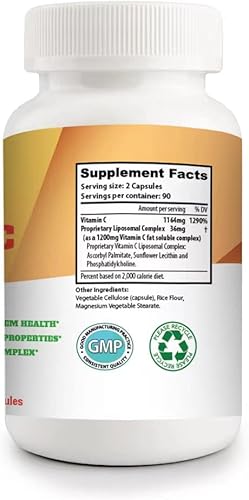 Vista 4 de Vitamina C liposomal 1200 mg por porción, 180 cápsulas vegetales por botella, suplementos de píldoras de vitamina C de alta absorción, soluble