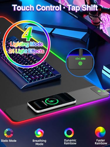 Image of XXL RGB Gaming Mouse Pad with 15W Magnetic Wireless Charger | 31.5'' x 15.8'' Extra Large LED Desk Mat, 24 Light Effects, Non-Slip Rubber Base, Waterproof Easy Gliding Surface