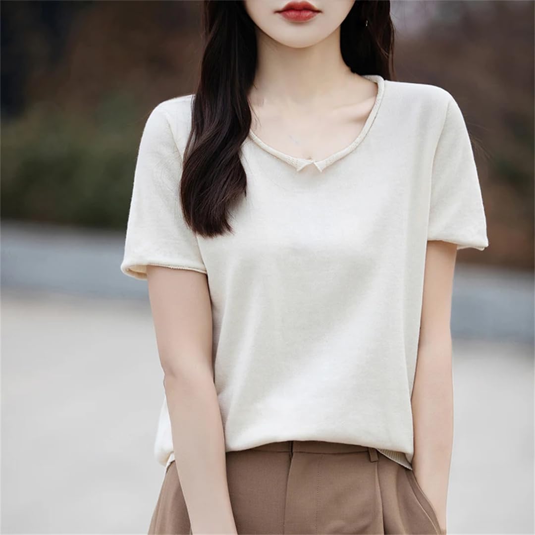 T-shirt d'été à manches courtes pour femme - Couleur unie - Tricot - Col rond - Haut ample