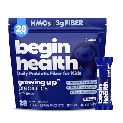 Begin Health Growing Up Prebiotics for Kids 28-Packs | Prebiotic Soluble Powder Stool Softeners and Digestive Gut Health Supplement | Ideal to Mix with Kids Daily Beverages and Soft Foods - Unflavored