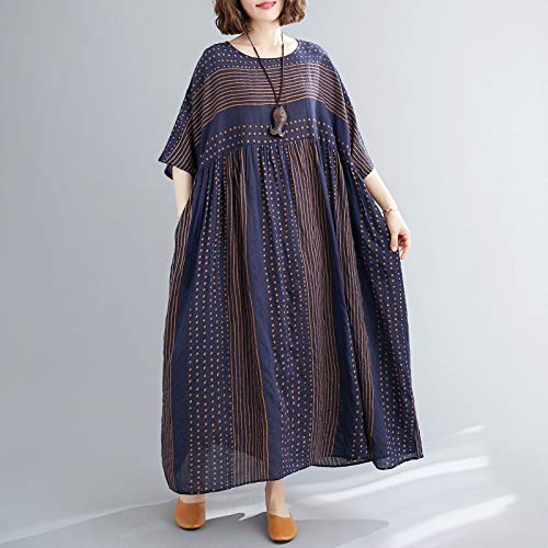 Domary Vestido feminino vintage de linho de algodão com estampa listrada O pescoço, meia manga, bols