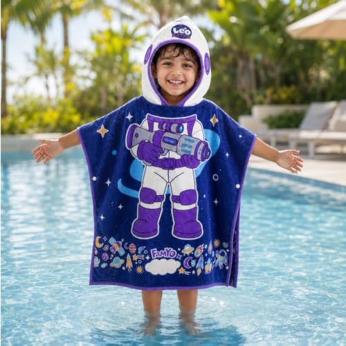 Famyo Maxx Hooded Poncho Towel for Kids 1–7 Years, Dark Blue Leo, 60x60 cm | Soft Quick-Dry Microfiber Kids Bath Towel | Swimming, Pool & Beach Towel 