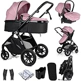 For Your Little One Cruise 3-in-1 Travel System with i-Size Car Seat, Stroller with Carrycot, 13kg Pram, Height Adjustable Handle, Pram, Newborn 0-4 Years Free Raincover and Cupholder (Blush Rose)