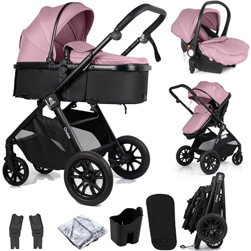 For Your Little One Cruise 3-in-1 Travel System with i-Size Car Seat, Stroller with Carrycot, 13kg Pram, Height Adjustable Handle, Pram, Newborn 0-4 Years Free Raincover and Cupholder (Blush Rose)