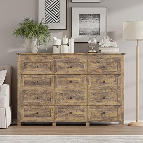 Image of BORNOON 12-Drawer Dresser, Modern Wooden Storage Chest of Drawers, Dresser TV Stand, Wood Drawer Organizer with Metal Handles for Bedroom, Living Room, Hallway