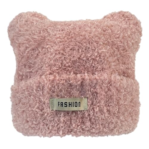 GRABAGECAN Adult Knitted Bear Ear Shape Hat Students Outdoor Cycling Skiing Hat Lovely Cold Winter Keep Warm Hat for Couple Pink
