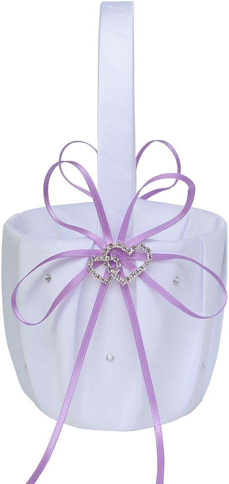 ARKSU Flower Girl Basket with Satin Ribbon and 2 Heart Rhinestones 5x8.5 inch for Rustic Wedding Shower Ceremony Party-Lavender