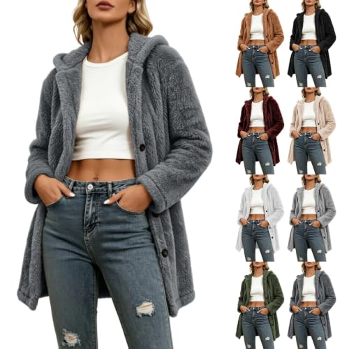 Aymnlox Women's Fuzzy Fleece Winter Jacket Faux Fur Hooded Button Down Coat - image 1