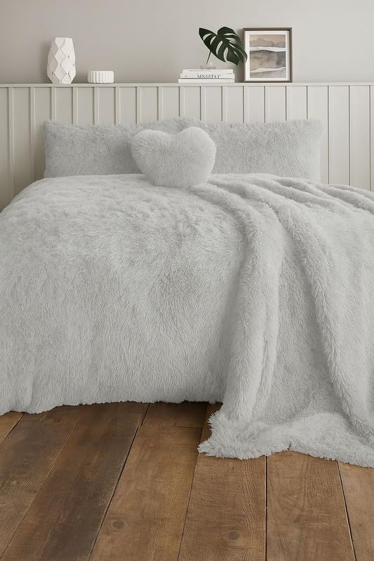 L S U Teddy Fleece Duvet Cover Set with Pillowcases Super Soft Hug & Snug Fluffy Sherpa Bedding Set (SLVR DO)