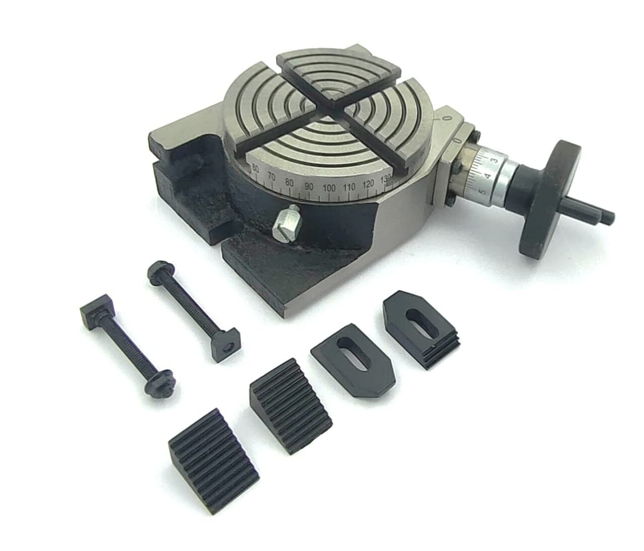 Tavola rotante per fresatrici, 100 mm, 4 fessure orizzontali e verticali con kit di morsetti M6 per strumenti di ingegneria