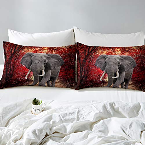 Loussiesd Elephant Bedding Set Maple forest Wooden Scene Duvet Cover Set for Kids Adults Wild Animal Printed Comforter Cover Natural Scenery Quilt Cover Bedroom Collection 3Pcs King(No Comforter) Size - Image 3