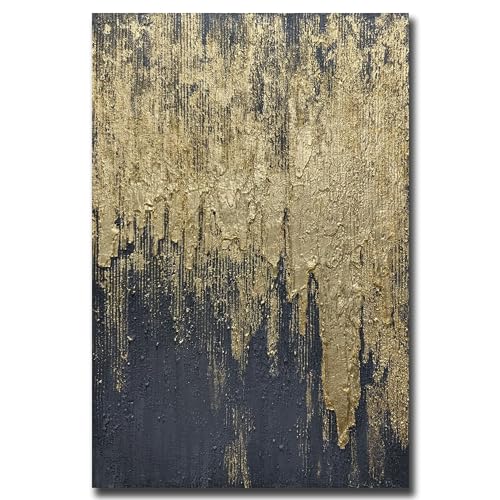 Boiee Art,30x45Inch Wrapped Canvas Paintings Hand Painted Abstract Textured Artwork Abstract Portrait Wall Art in Charcoal Grey Gold Acrylic Painting Framed Ready to Hang