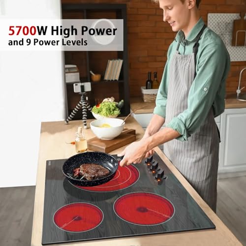Image of Karinear 24'' Electric Cooktop 3 Burners Ceramic Cooktop,Built-in Electric Stove Top with Beautiful Wooden Pattern, Knob Control, Over-Temperature Protection, 220-240v, 5700W, Hard Wire (No Plug)