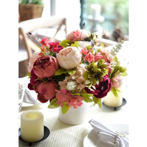Image of FiveSeasonStuff Pinkish Red and Dusty Pink Vintage Artificial Peonies Silk Flowers and Hydrangeas for Wedding Bridal Home Decor - Beautiful Floral Centerpiece Bouquet (Passion Blush)