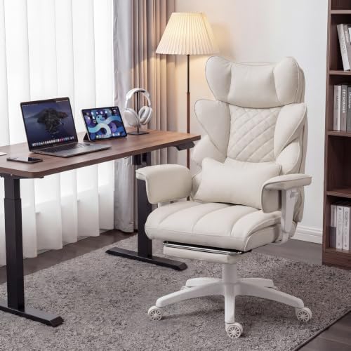 Image of Dowinx Big and Tall Office Chair with Pocket Spring Cushion,High Back Computer Gaming Chairs with Adjustable Armrests and Lumbar Support,Executive Desk Chairs with Footrest,PU -White