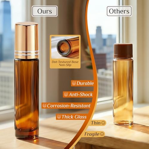 PrettyCare 4 Pack Amber Glass Oil Roller Bottles for Essential Oils 10ml, Roll On Bottles with Stainless Steel Roller Ball Leak-Proof Perfume Travel Refillable Bottle Empty, Beauty & Personal Care - 5