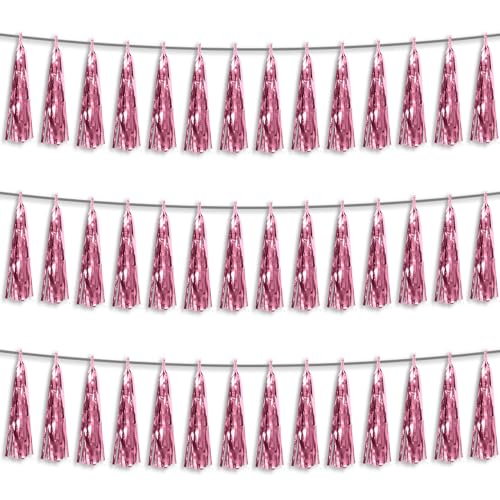 3P Light Pink Foil Fringe Metallic Tassel Streamers Banner Tassel Garland for Parade Floats, Bachelorette, Wedding, Birthday, Halloween, Christmas, Bridal/Baby Shower Party Decorations
