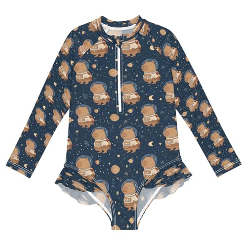 AEZODI Astronaut Space Capybara Girls Long Sleeve Swimsuits One Piece Zipper Bathing Suit UPF 50+ Rashguard Swimwear Multicoloured