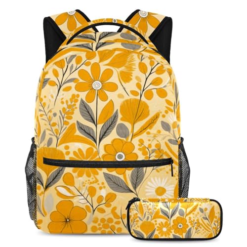 Sac à dos motif floral jaune avec trousse assortie pour les cours et sorties