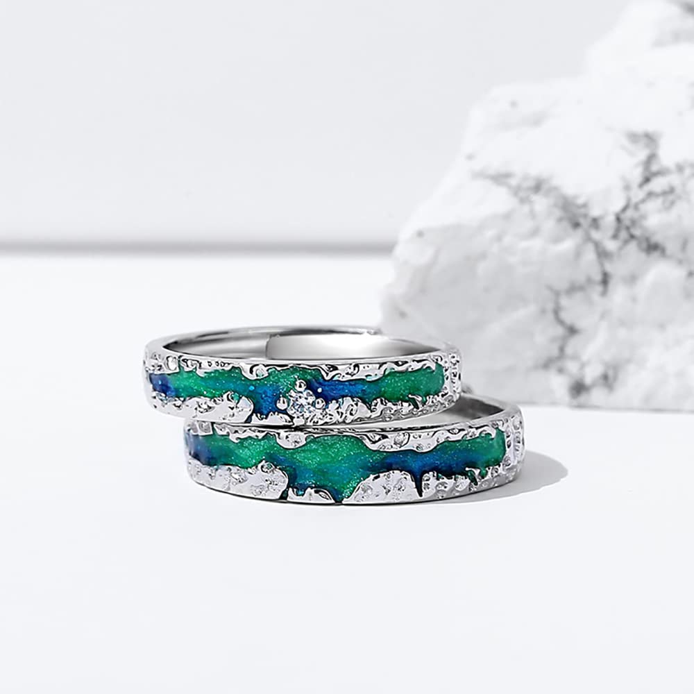 Nothern Light Aurora Polaris Coppia di anelli per lui e lei in argento Sterling 925 cielo stellato abbinato, anelli di fidanzamento con promessa, anelli di fidanzamento aperti e regolabili