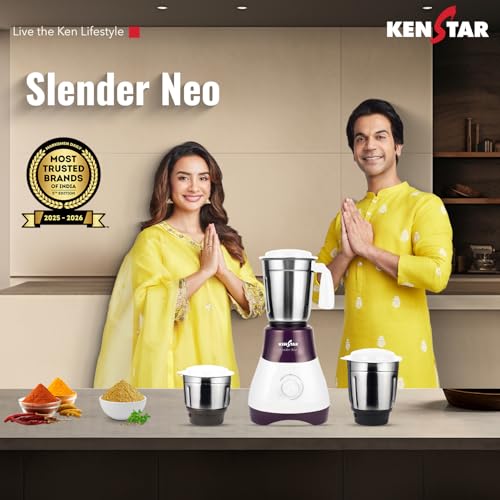 Image of Kenstar SLENDER NEO Mixer Grinder 500 Watts | 3 Multi-Purpose Jars | Powerful Turbo Motor | Overload Safety | White & Purple
