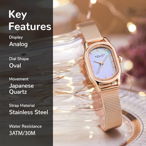 Image of SOLLEN Rose Gold Watches for Women, Square Dial Vintage Stylish Ladies Watches, 30M Waterproof & Stainless Steel Case, Casual & Dainty Wrist Watch for Women, Luxury Gift for Her