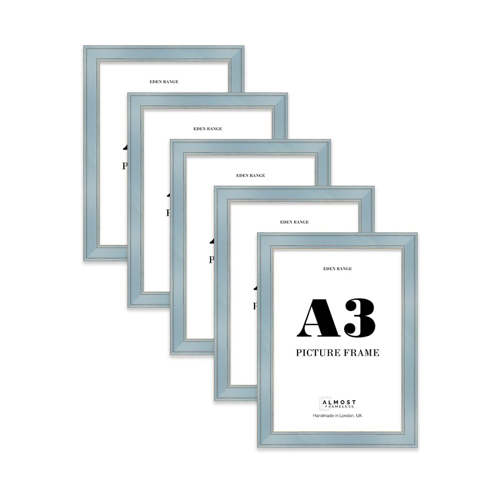 A3 Cornflower Blue Picture Frame - Shabby Chic Photo Frame with Distressed Finish, Gold Trim, Wall Hooks, 37mm Edge - 5 Pack โ image 1
