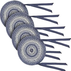 VHC Brands Great Falls Blue Round Seat Cushion Chair Pad, Blue White, Jute Blend with Ties, Set of 4, 15x15 Inches VHC Brands Great Falls Blue Round Seat Cushion Chair Pad Blue White Jute Blend with Ties Set of 4 15×15 Inches