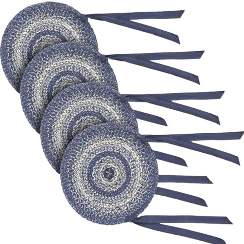 VHC Brands Great Falls Blue Round Seat Cushion Chair Pad Blue White Jute Blend with Ties Set of 4 15×15 Inches