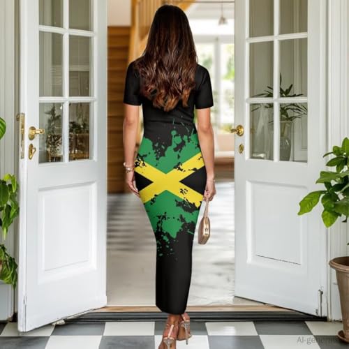 Image of Womens Short Sleeve Jamaican Flag Midi Bodycon Dress | Soft stretchy fabric,crew neck,jamaican print casual date night cocktail party, elegant chic, spring summer fall all season
