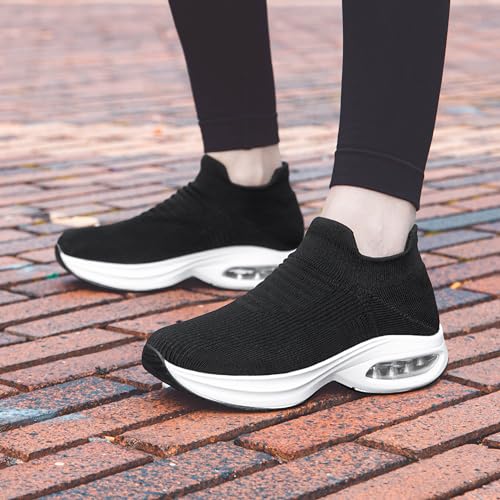 Image of DOUSSPRT Womens Walking Shoes Sock Casual Ladies Fashion Sneakers Comfortable Slip On Air Cushion Platform Black 7.5, Black /White