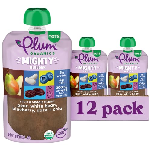 Plum Organics - +12 Months Organic Baby Food - Pear White Bean Blueberry Date & Chia - Non-GMO - On-The-Go Pouches for Baby & Toddler Meals - Quality Tested Ingredients - 4 oz (Pack Of 12)