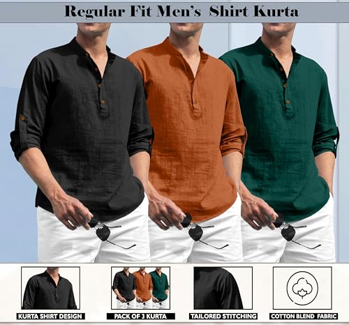 Image of Zombom Combo of Men's Solid Cotton Polyester Blend Full Sleeve Mandarin /Chinese Collor Straight Kurta Shirt (Pack of 3)