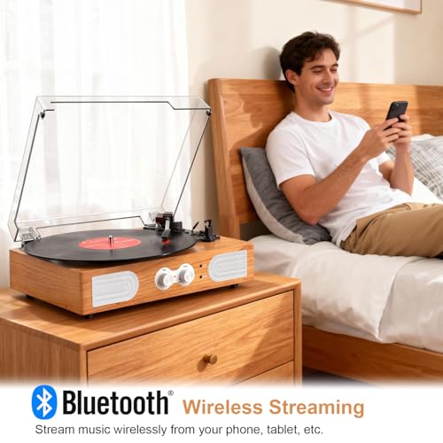 Image of Vinyl Record Player with Built-in Speakers 3-Speed Vintage Record Player Support Treble& Bass Control, 3.5mm Headphone Jack, RCA-Out /Aux in, Belt-Driven LP Turntable,Natural Wood