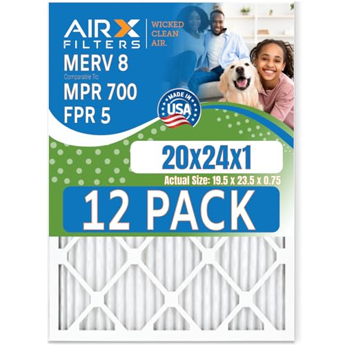 20x24x1 Air Filter MERV 8 Rating, 12 Pack of Furnace Filters Comparable to MPR 700 & FPR 5 - Made in USA by AIRX FILTERS WICKED CLEAN AIR.