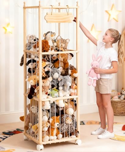 Stuffed Animal Storage - Wooden Large Organizer Holder for Kids' Room and Playroom - Plush Zoo Animals Holder with Elastic Cords & Brake Wheel for Toddler Bedroom Toy Stuff Organization Stuffed Animal Storage - Wooden Large Organizer Holder for Kids' Room and Playroom - Plush Zoo Animals Holder with Elastic Cords & Brake Wheel for Toddler Bedroom Toy Stuff Organization