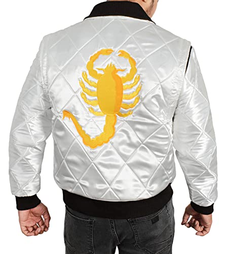 Men's Stylish Scorpio Logo Embroidered Lightweight Causal Fashion Quilted White Satin Varsity Bomber Jacket3