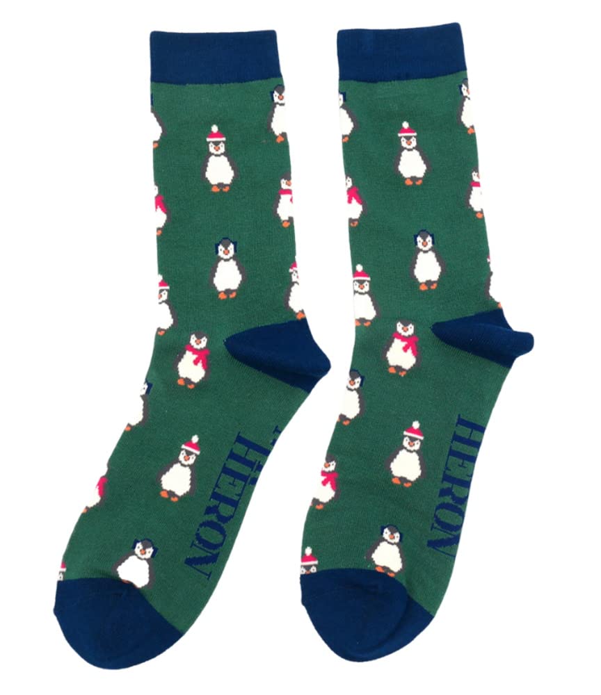 Lilyrosa Men's Green Winter Penguin Socks One Size 7-11 Bamboo Blend Crew Mid Calf 1 Pair