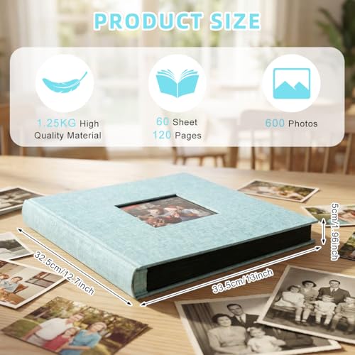 Image of HASTHIP Cloth Photo Album, Hardcover Album for Photos Collection with 600 Sheet, Scrap Books for Memories Clear Photo Pockets Family Photo Book for Baby Milestone, Wedding, Travel, 33.5x34x5cm, Blue