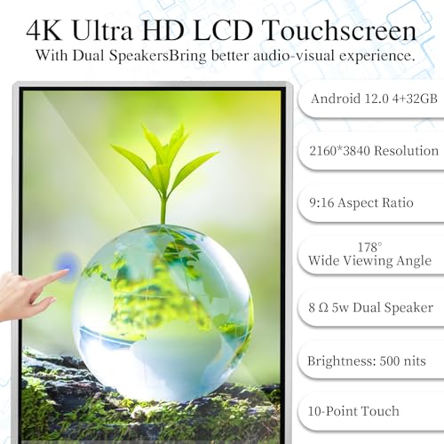 Image of 65 inch 4K LCD Touchscreen Digital Signage Display, Indoor Floor Standing Advertising Kiosk, Commercial Digital Signage Player, HDMI WiFi Bluetooth Input Auto AD Player, 4+32GB Android 14.0 Black