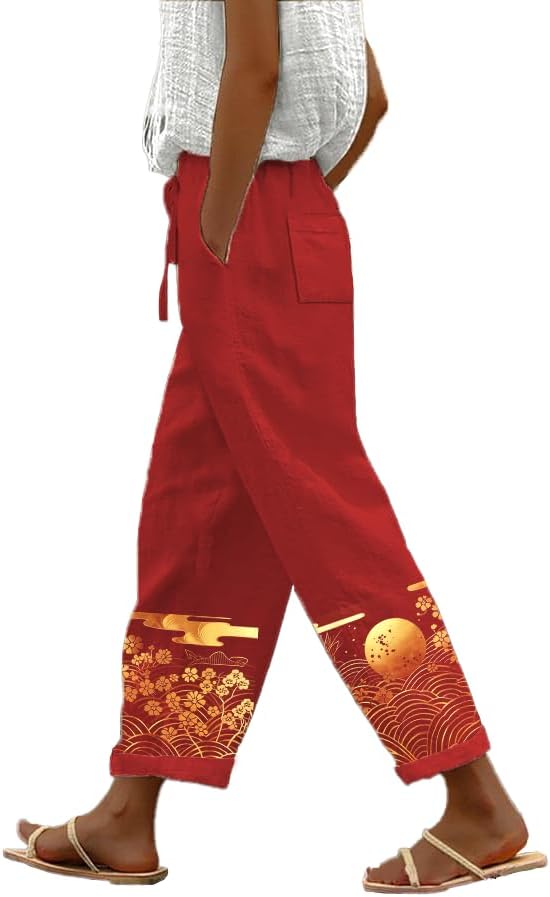 Womens Boho Graphic Casual Pants Loose Fit Elastic Waist Cotton Trouser Cropped Sum...