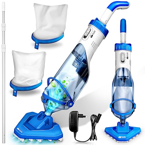 tillvex Aspirador de piscina con batería y barra telescópica + filtro de repuesto de hasta 15 m³ | Aspiradora eléctrica para piscina con filtro y 60 min de autonomía | Set de limpieza inalámbrico